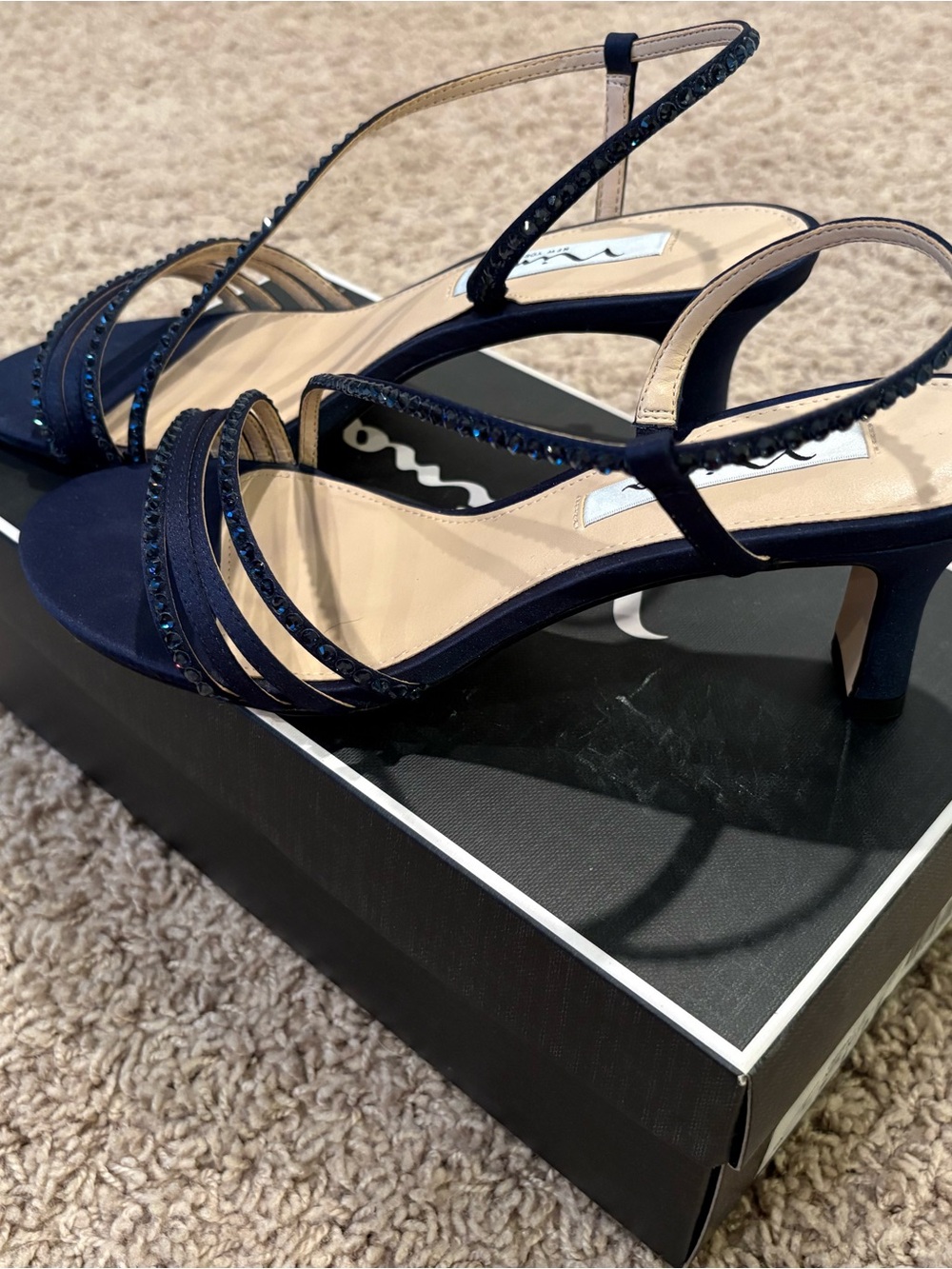 Nina Navy Crystal-Strap Open-Toe Slingback Heels - Picture 3 of 6